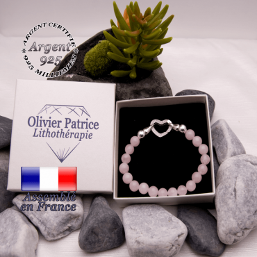 Bracelet quartz rose avec fermoir coeur en argent 925