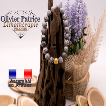 Bracelet jaspe crazy lace gris et sa boule plaqué or