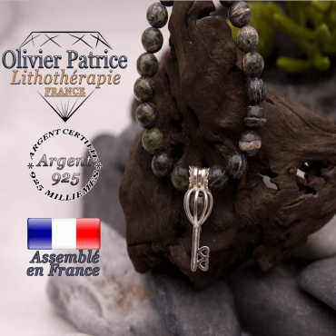 Bracelet jaspe zèbre vert cage clé argent 925