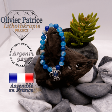Bracelet agate à bandes bleues cage tortue argent 925