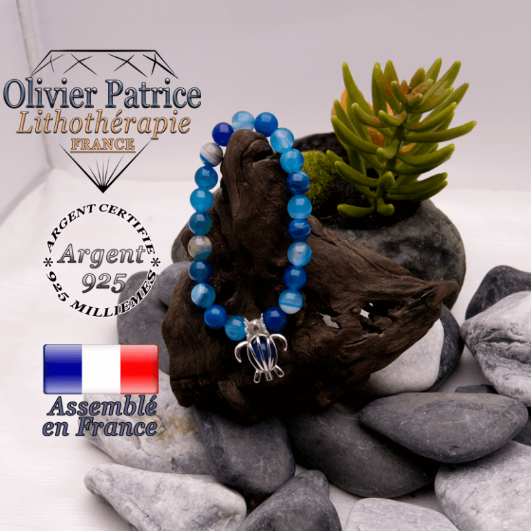 Bracelet agate à bandes bleues cage tortue argent 925