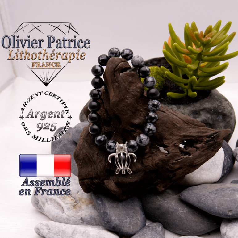 Bracelet obsidienne neige et cage tortue en argent 925