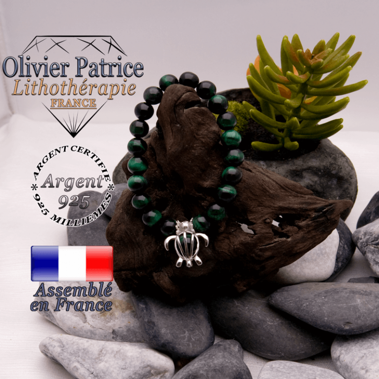 Bracelet Œil de Tigre teinte verte et cage tortue en argent 925
