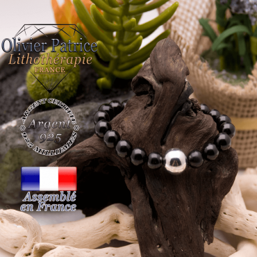 Bracelet tourmaline noire et boule lisse argent 925 - 12 mm