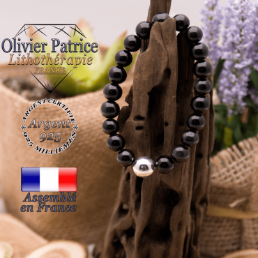 Bracelet tourmaline noire et boule lisse argent 925 - 10 mm