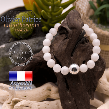 Bracelet pierre de lune et boule lisse en argent 925 - 12 mm