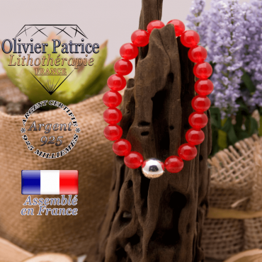 Bracelet agate rouge et boule argent 925 - 10 mm