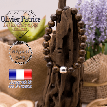 Bracelet en bronzite et sa boule lisse en argent 925 - 10 mm