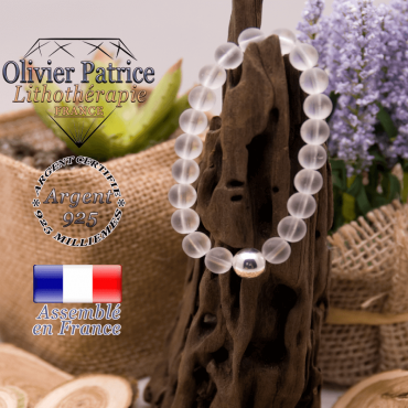 Bracelet cristal de roche opaque boule en argent 925 - 10 mm