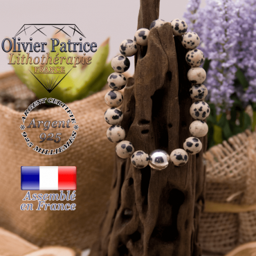 Bracelet jaspe dalmatien et boule en argent 925 - 10 mm