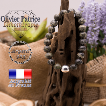 Bracelet jaspe vert zèbre et boule en argent 925 - 10 mm