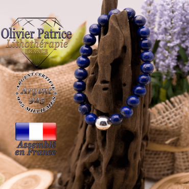 Bracelet lapis lazuli et boule argent 925 - 10 mm