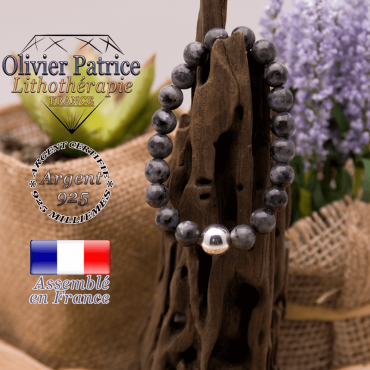 Bracelet larvikite et sa boule lisse en argent 925 - 10 mm