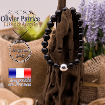 Bracelet onyx et sa boule lisse en argent 925 - 10 mm