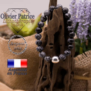 Bracelet obsidienne neige et boule en argent 925 -10 mm