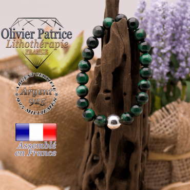Bracelet Œil de Tigre teinte verte et boule argent 925 - 10mm