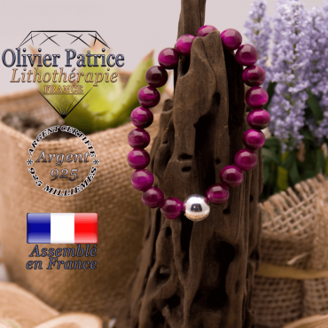 Bracelet Œil de Tigre teinte violette boule argent 925 - 10mm