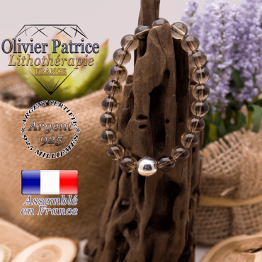 Bracelet quartz fumé pierre naturelle et argent 925 - 10 mm