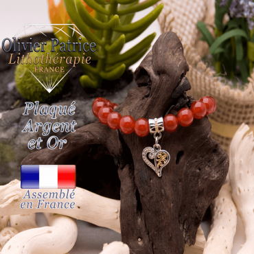 Bracelet cornaline charms coeur plaqué or et argent