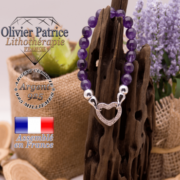 Bracelet améthyste et son fermoir coeur en argent 925