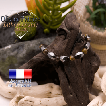 Bracelet femme en oeil de tigre rondes et hématite facettées