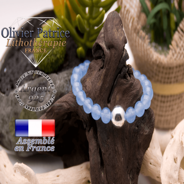 Bracelet agate bleue et sa boule lisse en argent 925 - 12 mm