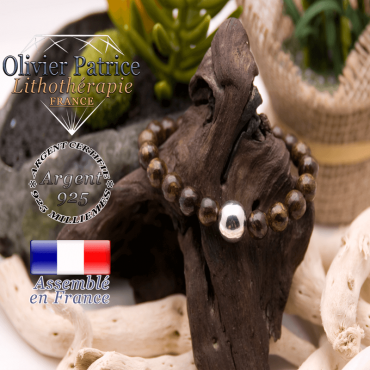 Bracelet en bronzite et sa boule lisse en argent 925 - 12 mm