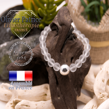 Bracelet cristal de roche opaque boule en argent 925 - 12 mm