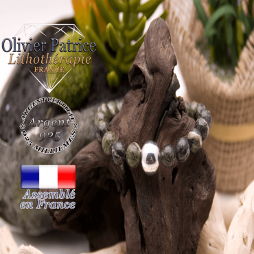 Bracelet jaspe vert zèbre et boule en argent 925 - 12 mm