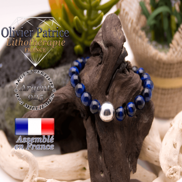 Bracelet Œil de Tigre teinte bleue et boule argent 925 - 12mm