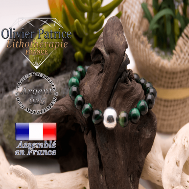 Bracelet Œil de Tigre teinte verte et boule argent 925 - 12 mm