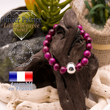 Bracelet Œil de Tigre teinte violette boule argent 925 - 12 mm