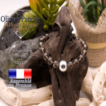Bracelet quartz fumé pierre naturelle et argent 925 - 12 mm