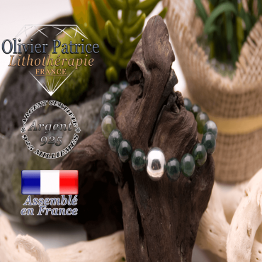 Bracelet agate mousse et boule en argent 925 - 12 mm