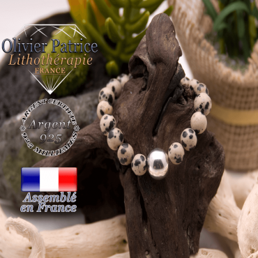 Bracelet jaspe dalmatien et boule en argent 925 - 12 mm