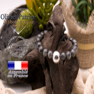 Bracelet larvikite et sa boule lisse en argent 925 - 12 mm