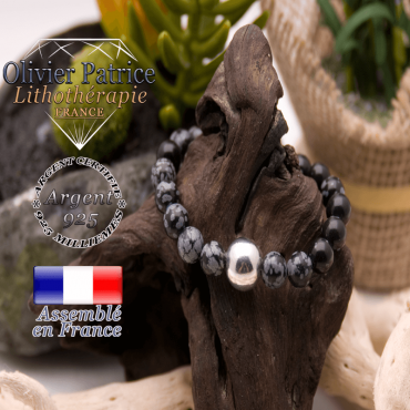 Bracelet obsidienne neige et boule en argent 925 - 12 mm