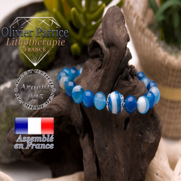 Bracelet agate à bandes bleues et sa grande boule entourée d'argent 925