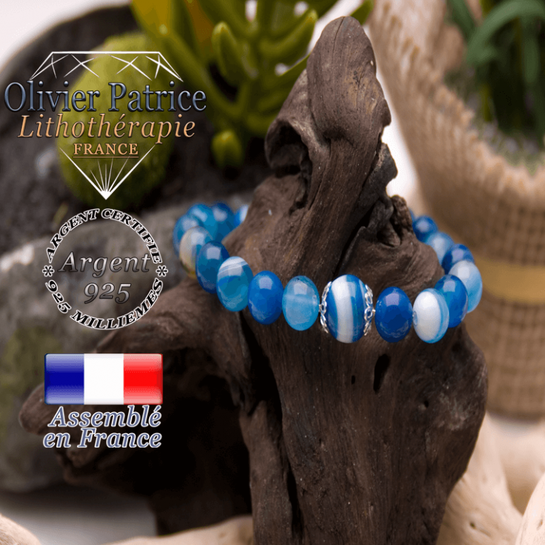 Bracelet agate à bandes bleues et sa grande boule entourée d'argent 925