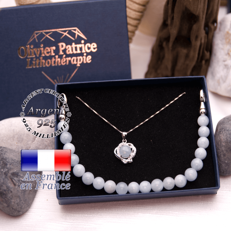 Parure aigue marine : pendentif 2 cœurs et bracelet en argent 925