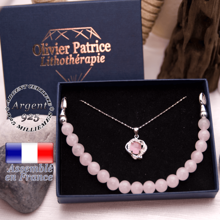 Parure quartz rose : pendentif 2 cœurs et bracelet en argent 925