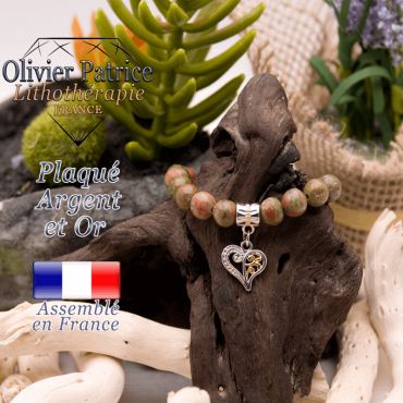 Bracelet unakite charms coeur plaqué or-argent