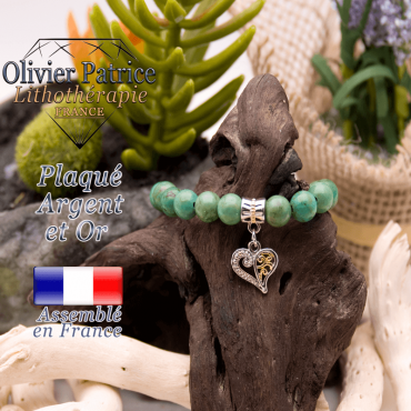 Bracelet turquoise du Tibet charms  coeur plaqué or-argent