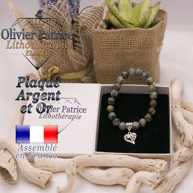 Bracelet turquoise bleue africaine charms coeur plaqué or-argent