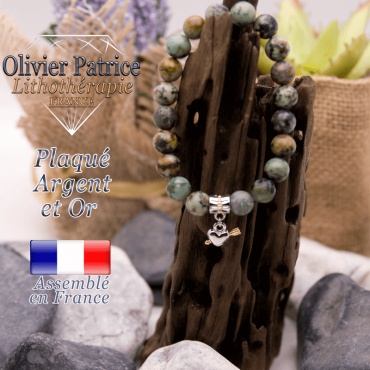 Bracelet turquoise bleue africaine charms coeur avec fleche plaqué or-argent