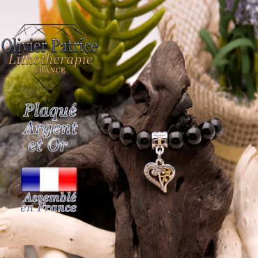 Bracelet tourmaline noire charms coeur plaqué or-argent