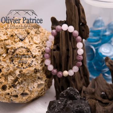 Bracelet quartz rose et lépidolite avec boule brillante en argent 925