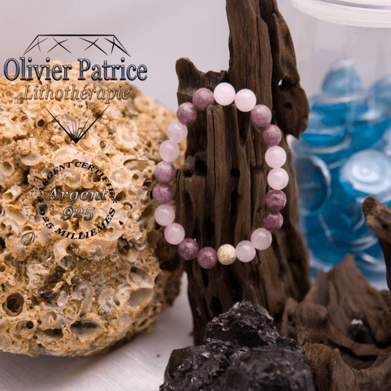 Bracelet quartz rose et lépidolite avec boule brillante en argent 925