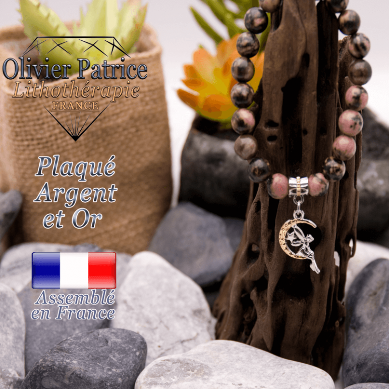 Bracelet rhodonite charms fée plaqué or-argent