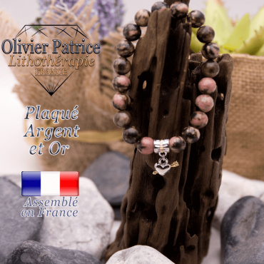 Bracelet rhodonite charms coeur avec fleche plaqué or-argent